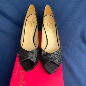 Kate Spade Pumps Womens 9.5 Black Starlight Metallic Billy Peep Toe Stilettos